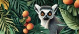 Adorable illustration of a ring tailed gray lemur surrounded by tropical leaves and fruits