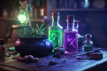 A table with a variety of colorful bottles and a green plant