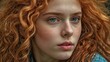 © Nemanja - A woman with orange curly hair and blue eyes with freckles on her face.