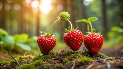 Three red strawberries growing in sunlight in forest at tilted angle