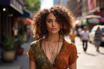 A woman with curly hair and a colorful dress is standing on a city street