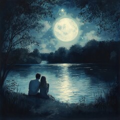 Sticker - A couple sits by a lake under a full moon, gazing at the night sky.