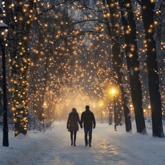 Wall Mural - A couple walks hand-in-hand through a snowy pathway illuminated by twinkling Christmas lights.