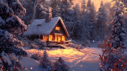 Poster - A cozy cabin nestled in a snowy forest, illuminated by warm light.