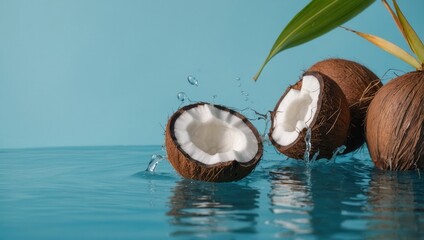 two half cut coconuts and two coconuts is floating in the water on a blue background