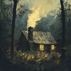 Wall Mural - A cozy cabin with lit windows nestled amidst dense forest, bathed in the soft glow of the setting sun.