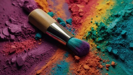 A makeup brush is on top of a pile of colorful makeup powder