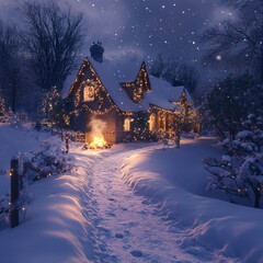 Poster - A cozy cottage with twinkling lights, a warm fire, and a snowy path leading up to it on a starry winter night.