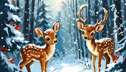 Wall Mural - Adorable Christmas deer in a snowy winter forest, embodying the spirit of the holiday season, perfect for greeting cards and postcards