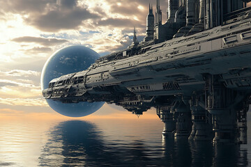 A futuristic spaceship docked over a serene ocean with a large planet in the background.