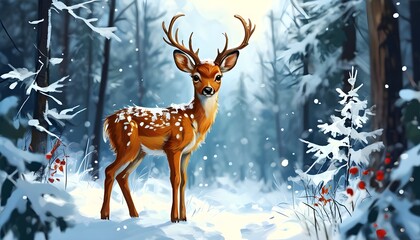 Wall Mural - Adorable Christmas deer in a snowy winter forest, embodying the spirit of the holiday season, perfect for greeting cards and postcards