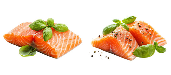 Set of two salmon pieces with basil Isolated on a white background