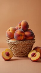 Wall Mural - A basket of peaches with one half cut open