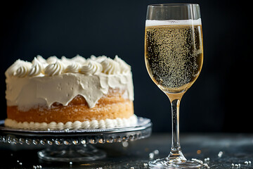 Wall Mural - A celebratory scene featuring a cake and a glass of sparkling drink.