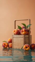 Wall Mural - A basket of peaches is floating in a pool of water