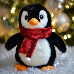 Wall Mural - A cute black and white penguin plush toy with a red scarf.