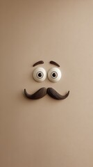 Face with googly eyes and mustache on beige background, quirky design concept