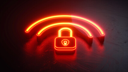 Neon-styled illustration of padlock woth two arcs, symbolizing secured Wi-Fi connection