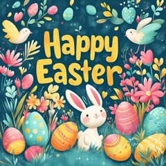 Poster - A cute bunny surrounded by colorful Easter eggs and flowers.