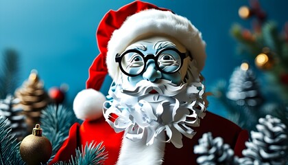 Wall Mural - Whimsical Paper Craft Santa Claus with Glasses Against a Blue Backdrop for Christmas Decorations and Festive Card Designs