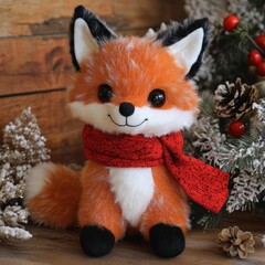 Sticker - A cute orange plush fox wearing a red scarf sits on a wooden background with winter decor.