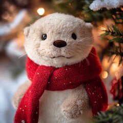 Sticker - A cute plush otter wearing a red scarf with white polka dots, looking at the camera,  in front of a decorated Christmas tree.