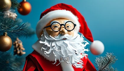 Wall Mural - Whimsical Paper Craft Santa Claus with Glasses Against a Blue Backdrop for Christmas Decorations and Festive Card Designs