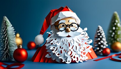 Wall Mural - Whimsical Paper Craft Santa Claus with Glasses Against a Blue Backdrop for Christmas Decorations and Festive Card Designs