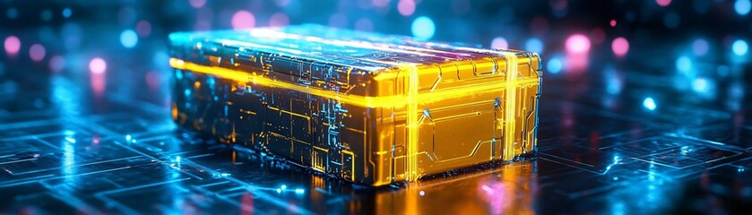 Wall Mural - a luminous digital box surrounded by vibrant neon lights, symbolizing technology and innovation in a
