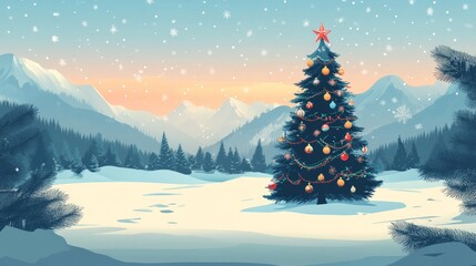 Poster - A decorated Christmas tree stands in a snowy field with mountains and forest in the background, during a snowy sunset.