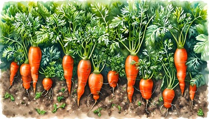 Vibrant carrot field depicted in watercolor, showcasing lush green foliage and carrots thriving in nutrient-rich soil, celebrating agriculture and healthy eating.