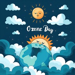 World Ozone Day banner design with Elements such as Globe, leave, sun and Cloud 