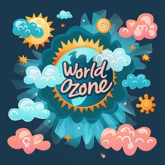 Wall Mural - World Ozone Day banner design with Elements such as Globe, leave, sun and Cloud 