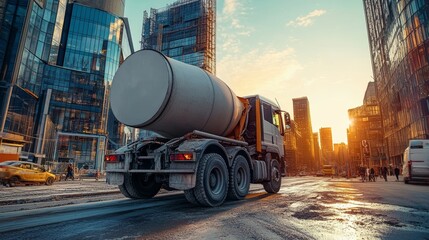 Concrete Mixer Truck in Urban Setting, Rotating Drum, Sunset Glow, Modern Architecture