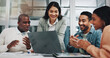 © peopleimages.com - Happy, business people and applause with laptop for good news, teamwork or promotion together at office. Excited, group and employees clapping with technology in celebration for success at workplace