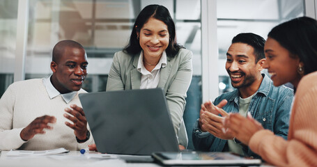 Aufkleber - Happy, business people and applause with laptop for good news, teamwork or promotion together at office. Excited, group and employees clapping with technology in celebration for success at workplace
