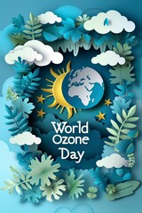 World Ozone Day banner design with Elements such as Globe, leave, sun and Cloud 
