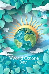 Wall Mural - World Ozone Day banner design with Elements such as Globe, leave, sun and Cloud 
