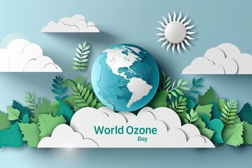 Wall Mural - World Ozone Day banner design with Elements such as Globe, leave, sun and Cloud 
