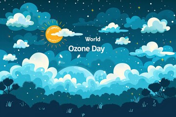 Wall Mural - World Ozone Day banner design with Elements such as Globe, leave, sun and Cloud 
