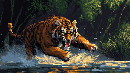 2d pixel art of tiger, illsutartion, 6-bit, 32-bit