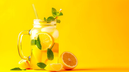 Wall Mural - Lemonade in mason jar with lemon and mint on yellow. Copy space. Summer drink