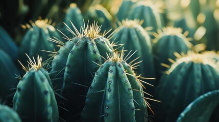 Poster - Close-up of a Group of Green Cacti with Sharp Spines