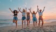 © Paulius - Sunset Beach Squad: Five Happy Friends Embrace the Magic of Dusk