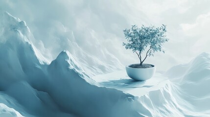 Wall Mural - A Single Tree Growing in a Snowy Mountain Range