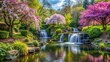 © methinee - Tranquil garden scene with blooming trees, waterfalls, river