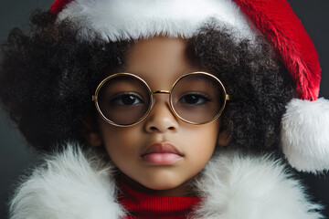 A young child dressed in a Santa hat and winter coat poses for a festive portrait with round glasses during the holiday season