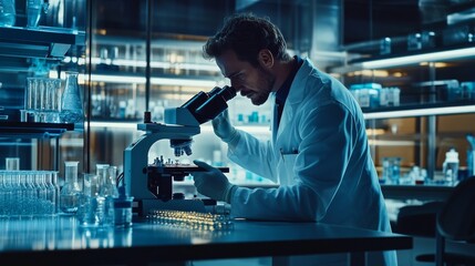 A scientist in a lab coat closely studies samples through a microscope, surrounded by glassware and scientific instruments in a contemporary laboratory setting