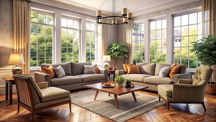 Wall Mural - Cream-colored walls and natural wood accents create a calming atmosphere in this cozy living room, where a creamy