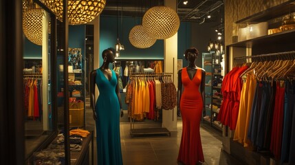 Two stylish mannequins display colorful evening dresses in a boutique, adorned with warm lighting and modern decor, inviting shoppers to explore the collection